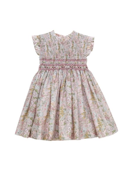 VESTIDO PUNTO SMOCK CAPRI DE TARTALETA, FONDO ROSA. VERANO 26.