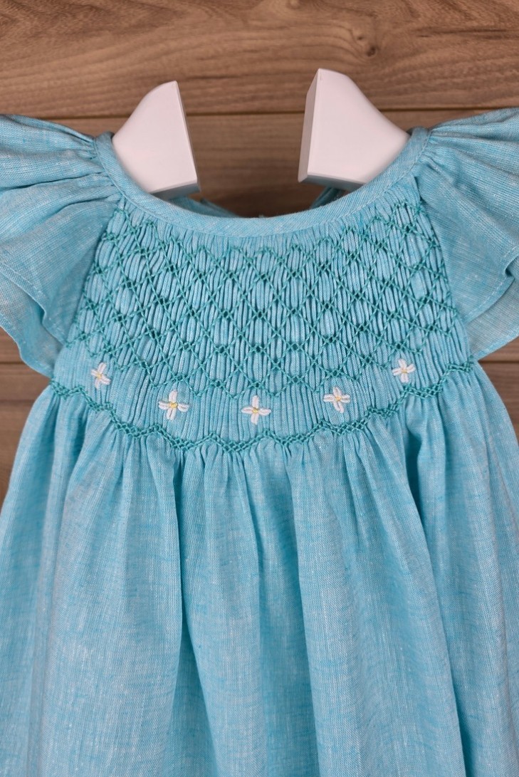 VESTIDO PUNTO SMOCK SOLEIL DE TARTALETA, LINO TURQUESA. VERANO 26.