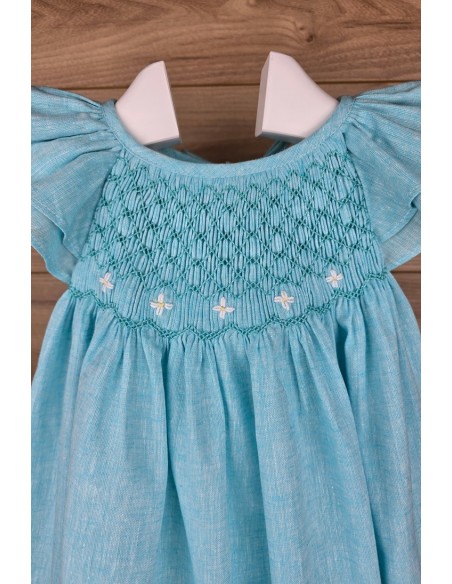 VESTIDO PUNTO SMOCK SOLEIL DE TARTALETA, LINO TURQUESA. VERANO 26.