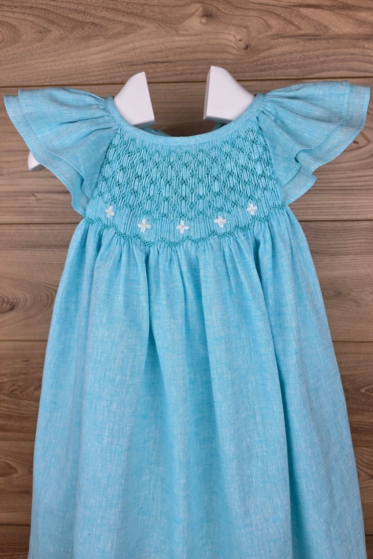 VESTIDO PUNTO SMOCK SOLEIL DE TARTALETA, LINO TURQUESA. VERANO 26.