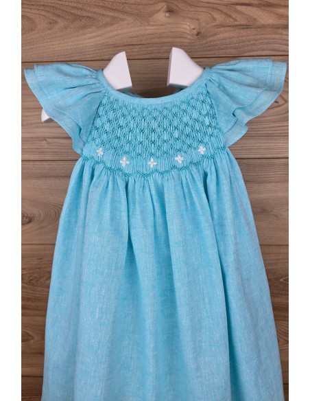 VESTIDO PUNTO SMOCK SOLEIL DE TARTALETA, LINO TURQUESA. VERANO 26.