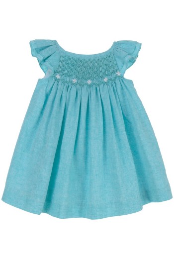 VESTIDO PUNTO SMOCK SOLEIL DE TARTALETA, LINO TURQUESA. VERANO 26. 2