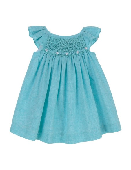 VESTIDO PUNTO SMOCK SOLEIL DE TARTALETA, LINO TURQUESA. VERANO 26.