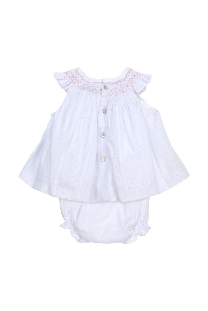 JESUSITO PUNTO SMOCK ANIA DE TARTALETA, BLANCO/ROSA. VERANO 26.
