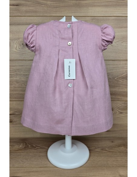 VESTIDO LINO PUNTO SMOCK DE ARTESANÍA CARMINA, ROSA PALO. VERANO 26.