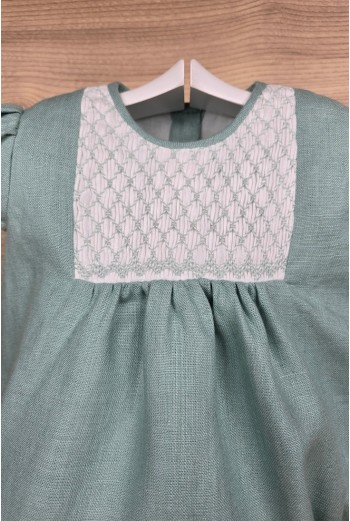 RANA LINO PUNTO SMOCK DE ARTESANÍA CARMINA, VERDE AGUA. VERANO 26. 2