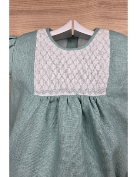 RANA LINO PUNTO SMOCK DE ARTESANÍA CARMINA, VERDE AGUA. VERANO 26.