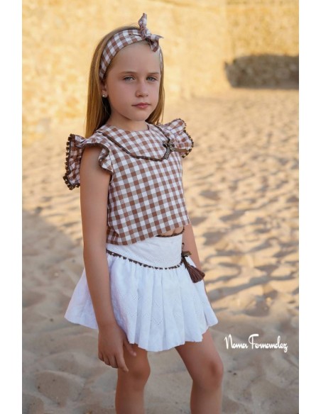 CONJUNTO TOP Y FALDA (SIN SHORT DEBAJO) COLECCIÓN TILO DE NOMA FERNÁNDEZ, VICHY MARRÓN. VERANO 26.