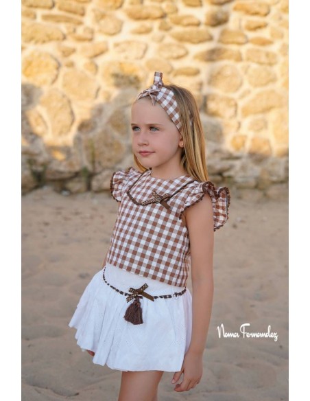 CONJUNTO TOP Y FALDA (SIN SHORT DEBAJO) COLECCIÓN TILO DE NOMA FERNÁNDEZ, VICHY MARRÓN. VERANO 26.