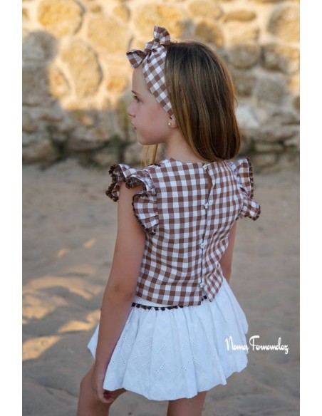CONJUNTO TOP Y FALDA (SIN SHORT DEBAJO) COLECCIÓN TILO DE NOMA FERNÁNDEZ, VICHY MARRÓN. VERANO 26.