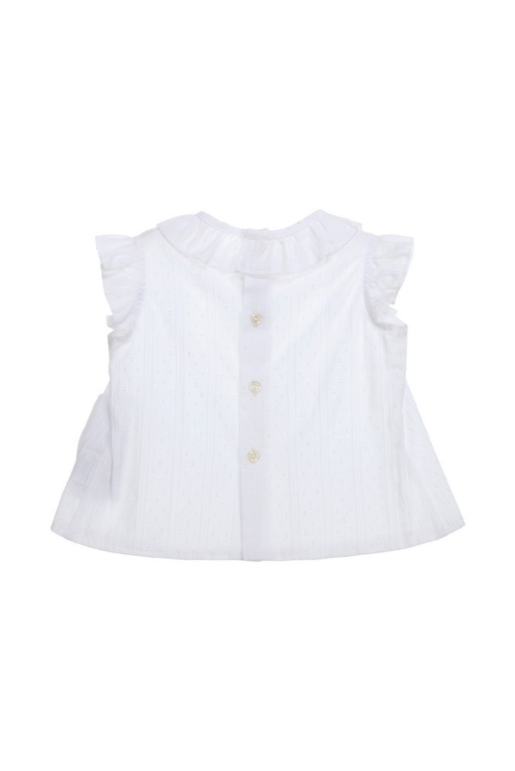 BLUSA BLANCA JULIET Y RANITA TIRANTES, FONDO ROSA DE TARTALETA. VERANO 26.