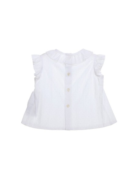 BLUSA BLANCA JULIET Y RANITA TIRANTES, FONDO ROSA DE TARTALETA. VERANO 26.