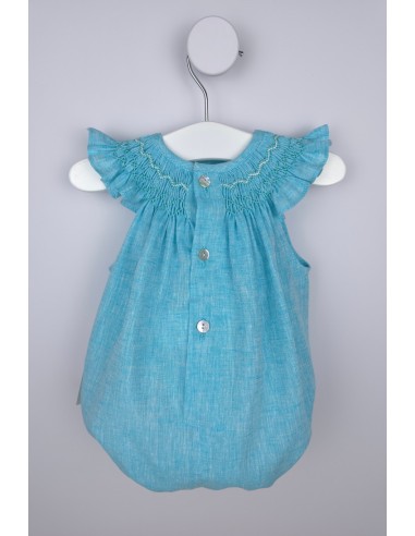 PELELE UNISEX PUNTO SMOCK PIXIE DE TARTALETA, LINO TURQUESA. VERANO 26.