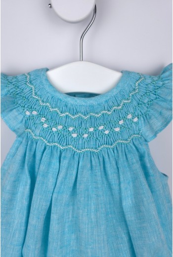 PELELE UNISEX PUNTO SMOCK PIXIE DE TARTALETA, LINO TURQUESA. VERANO 26. 2