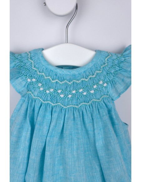 PELELE UNISEX PUNTO SMOCK PIXIE DE TARTALETA, LINO TURQUESA. VERANO 26.