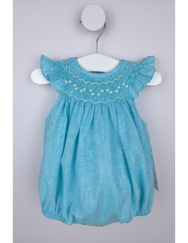 PELELE UNISEX PUNTO SMOCK PIXIE DE TARTALETA, LINO TURQUESA. VERANO 26.