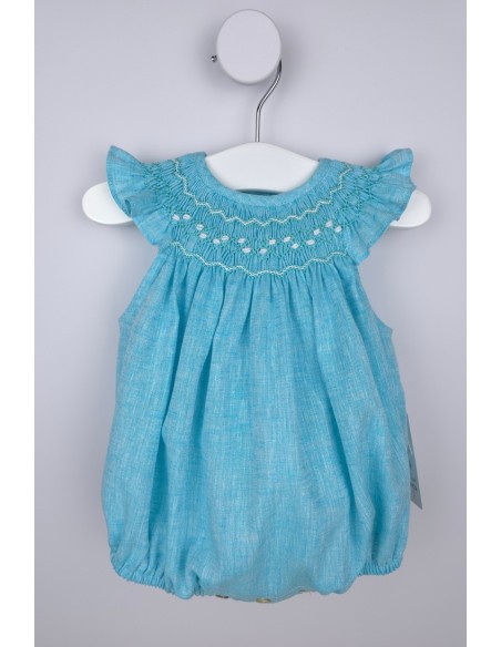 PELELE UNISEX PUNTO SMOCK PIXIE DE TARTALETA, LINO TURQUESA. VERANO 26.