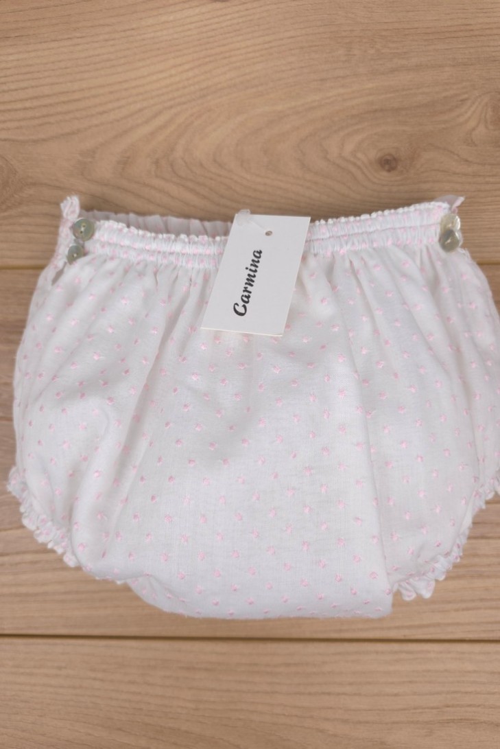 BRAGUITA PUNTO SMOCK DE ARTESANÍA CARMINA, BATISTA PLUMETI BLANCO/ROSA. VERANO 26.