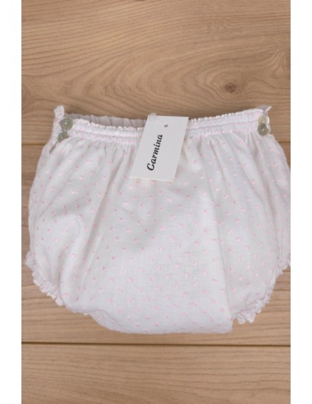 BRAGUITA PUNTO SMOCK DE ARTESANÍA CARMINA, BATISTA PLUMETI BLANCO/ROSA. VERANO 26.