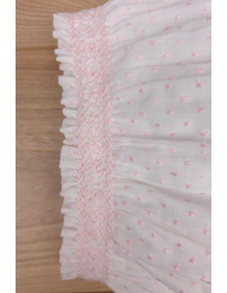 BRAGUITA PUNTO SMOCK DE ARTESANÍA CARMINA, BATISTA PLUMETI BLANCO/ROSA. VERANO 26.