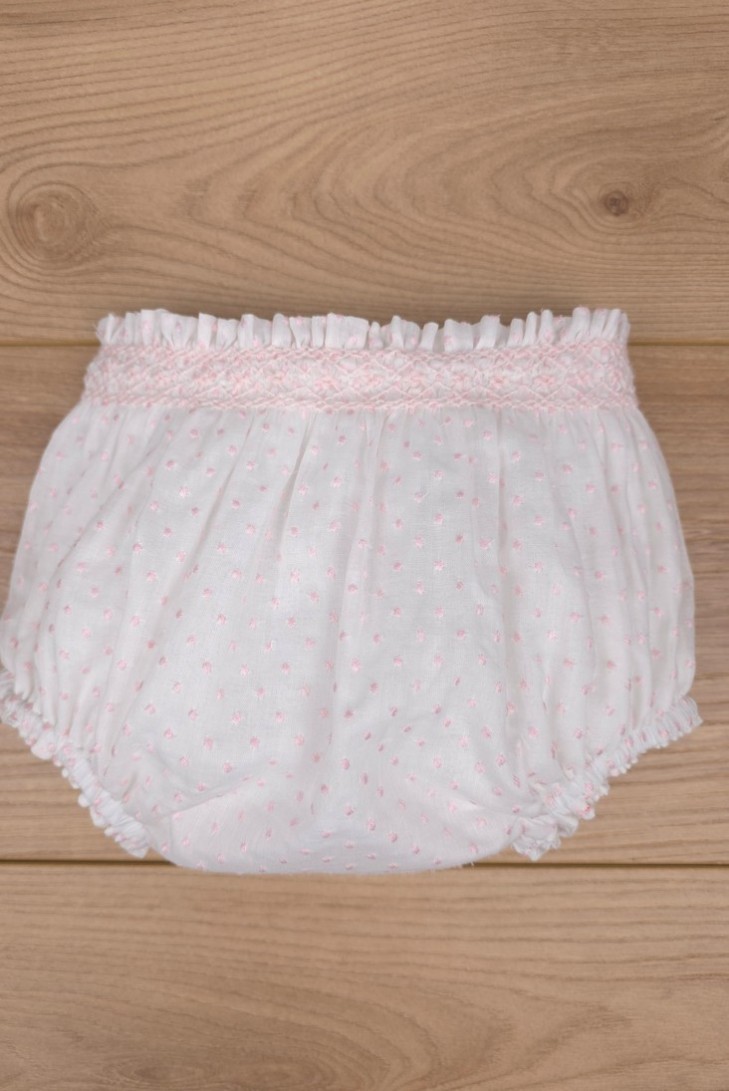 BRAGUITA PUNTO SMOCK DE ARTESANÍA CARMINA, BATISTA PLUMETI BLANCO/ROSA. VERANO 26.