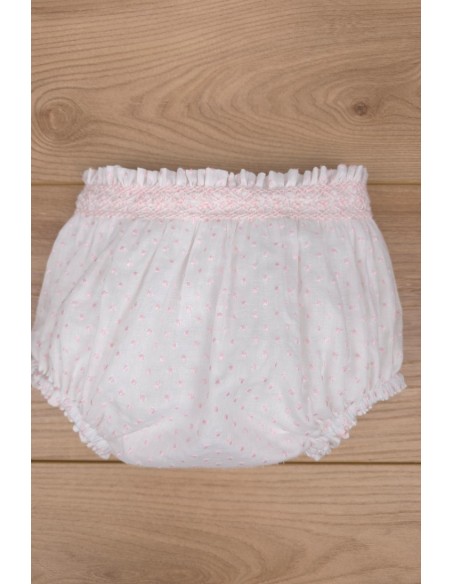 BRAGUITA PUNTO SMOCK DE ARTESANÍA CARMINA, BATISTA PLUMETI BLANCO/ROSA. VERANO 26.