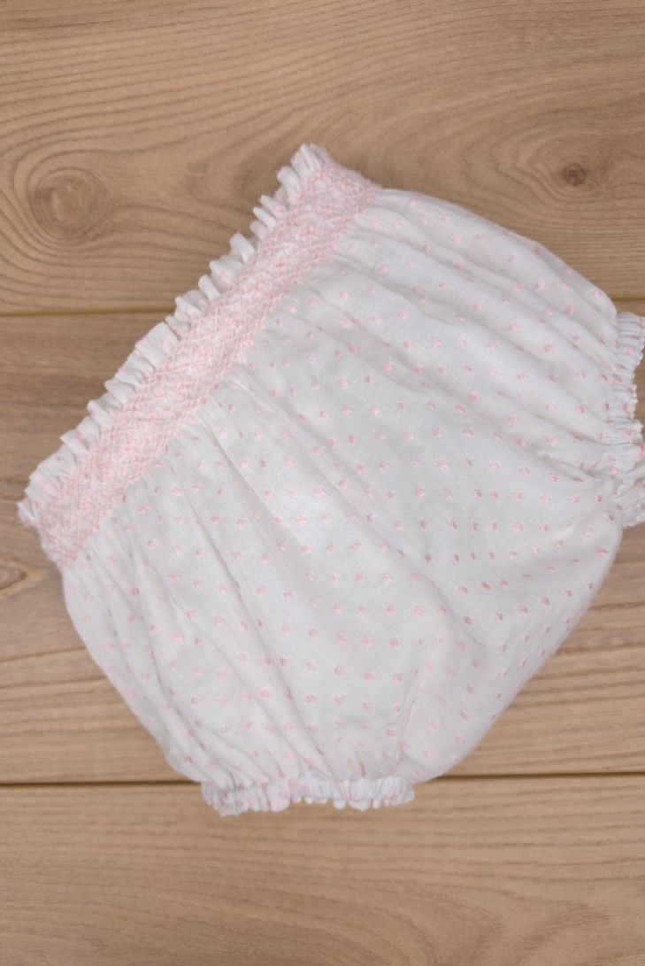 BRAGUITA PUNTO SMOCK DE ARTESANÍA CARMINA, BATISTA PLUMETI BLANCO/ROSA. VERANO 26.