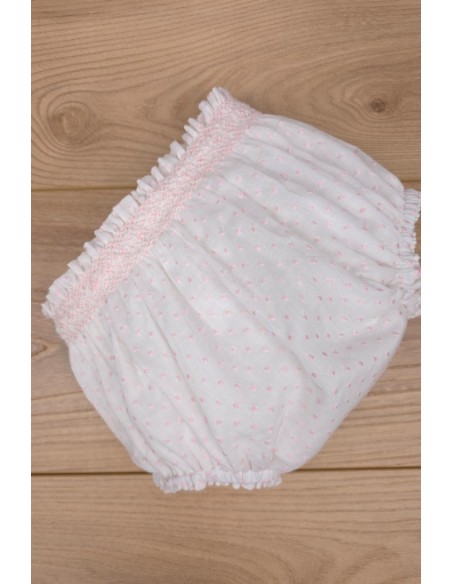 BRAGUITA PUNTO SMOCK DE ARTESANÍA CARMINA, BATISTA PLUMETI BLANCO/ROSA. VERANO 26.
