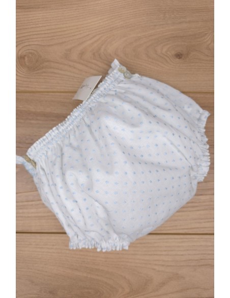 BRAGUITA PUNTO SMOCK DE ARTESANÍA CARMINA, BATISTA PLUMETI BLANCO/CELESTE. VERANO 26.