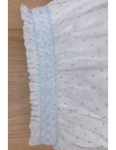 BRAGUITA PUNTO SMOCK DE ARTESANÍA CARMINA, BATISTA PLUMETI BLANCO/CELESTE. VERANO 26.