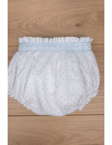 BRAGUITA PUNTO SMOCK DE ARTESANÍA CARMINA, BATISTA PLUMETI BLANCO/CELESTE. VERANO 26.