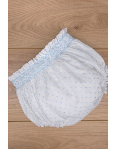 BRAGUITA PUNTO SMOCK DE ARTESANÍA CARMINA, BATISTA PLUMETI BLANCO/CELESTE. VERANO 26.