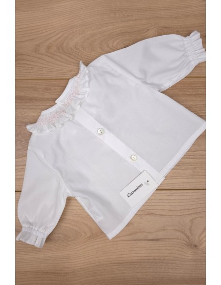 BLUSA CUELLO PUNTO SMOCK MANGA LARGA DE ARTESANÍA CARMINA, BATISTA BLANCA/ROSA. VERANO 26.