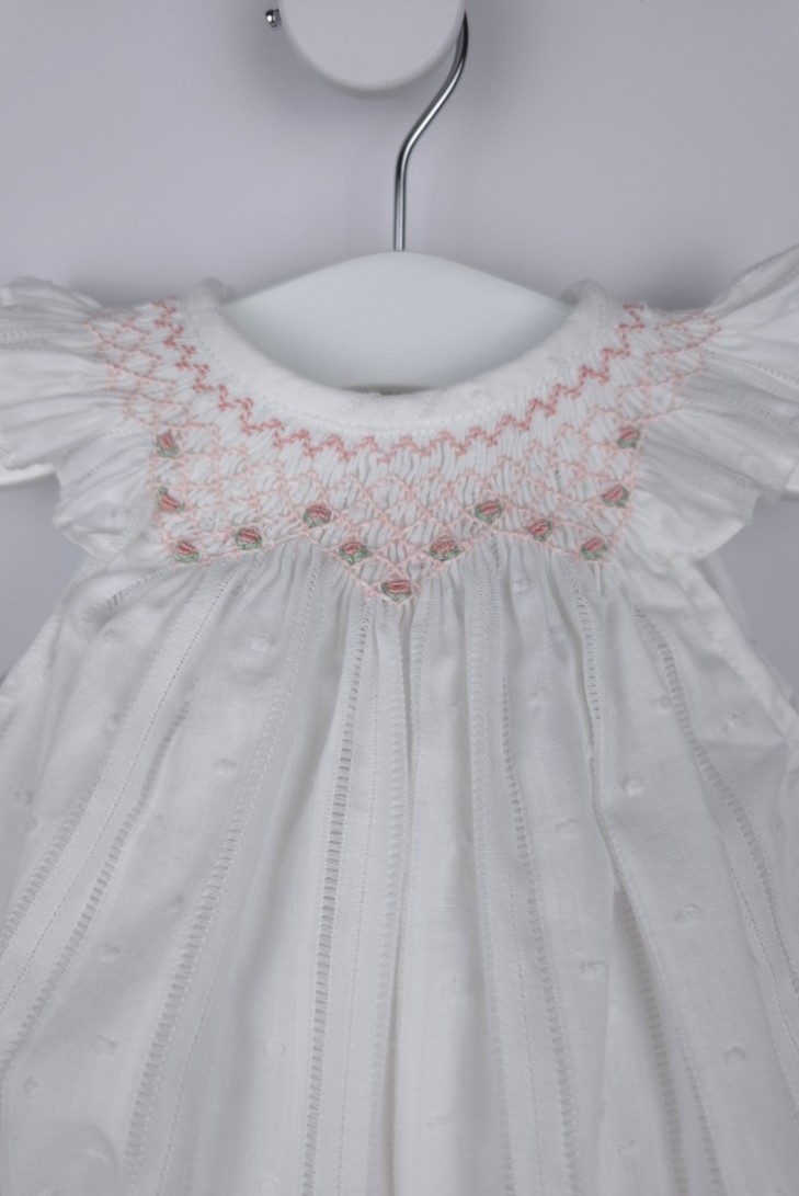 PELELE PUNTO SMOCK ALEX DE TARTALETA, BLANCO/ROSA. VERANO 26.
