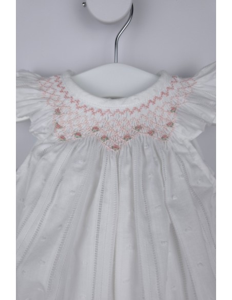 PELELE PUNTO SMOCK ALEX DE TARTALETA, BLANCO/ROSA. VERANO 26.