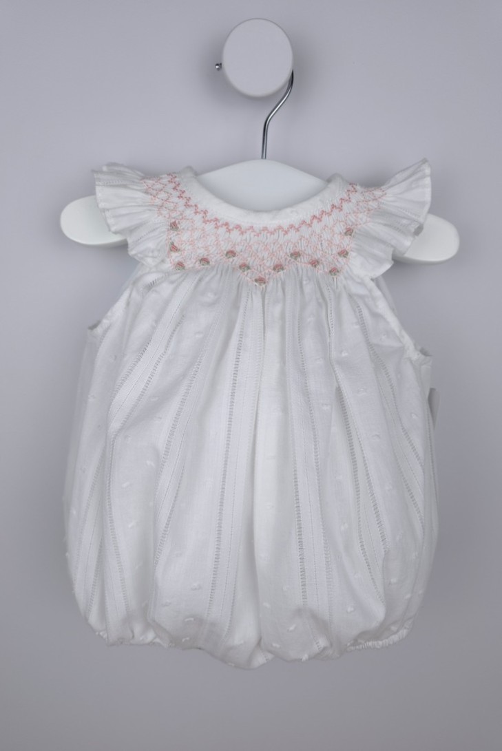 PELELE PUNTO SMOCK ALEX DE TARTALETA, BLANCO/ROSA. VERANO 26.