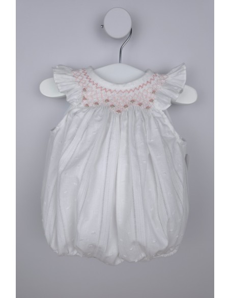 PELELE PUNTO SMOCK ALEX DE TARTALETA, BLANCO/ROSA. VERANO 26.