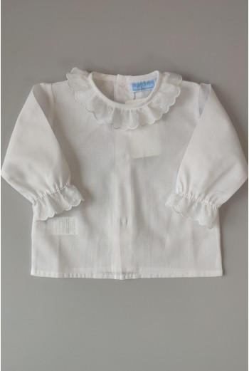 BLUSA MANGA LARGA CON CUELLO BORDADO TOPOS ,BLANCA. VERANO 23
