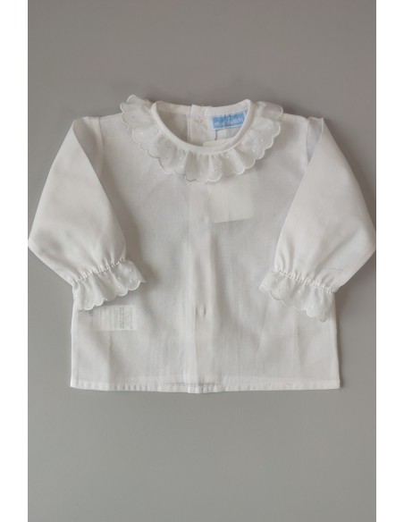 BLUSA MANGA LARGA CON CUELLO BORDADO TOPOS ,BLANCA. VERANO 23