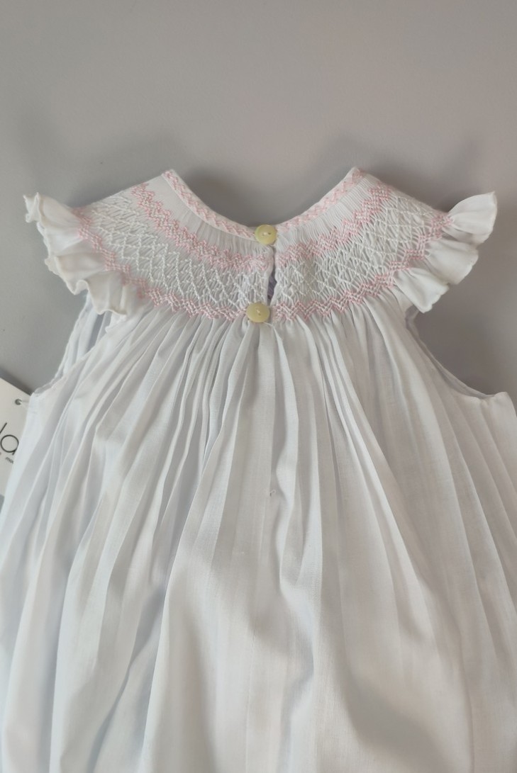 RANITA UNISEX BORDADO PUNTO SMOCK. BATISTA BLANCA-ROSA. VERANO 25.