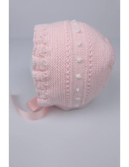 CAPOTA HECHA A MANO DE ARTESANÍA CARMINA, ROSA SUAVE/BLANCO. INVIERNO 26.