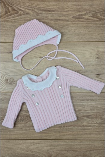 JERSEY Y CAPOTA BORDADOS A MANO DE ARTESANÍA CARMINA, ROSA/BLANCO. INVIERNO 26.