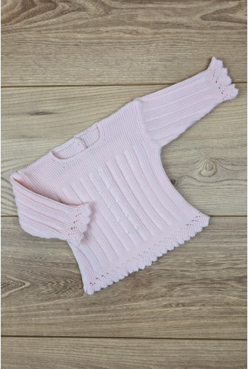 JERSEY BODOQUES BORDADOS A MANO DE ARTESANÍA CARMINA, ROSA/BLANCO. INVIERNO 26.