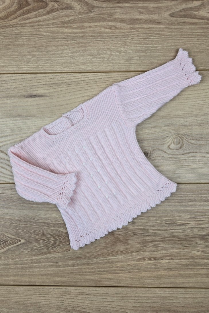 JERSEY BODOQUES BORDADOS A MANO DE ARTESANÍA CARMINA, ROSA/BLANCO. INVIERNO 26.