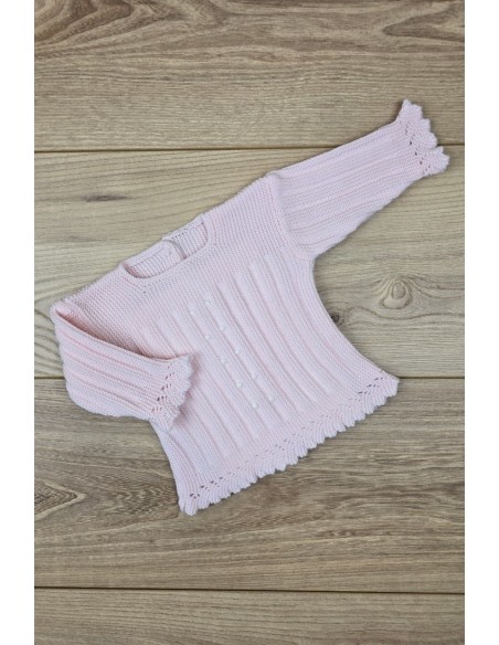 JERSEY BODOQUES BORDADOS A MANO DE ARTESANÍA CARMINA, ROSA/BLANCO. INVIERNO 26.