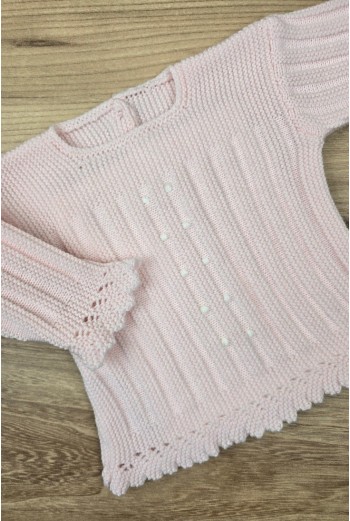 JERSEY BODOQUES BORDADOS A MANO DE ARTESANÍA CARMINA, ROSA/BLANCO. INVIERNO 26. 2