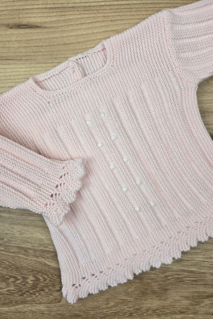 JERSEY BODOQUES BORDADOS A MANO DE ARTESANÍA CARMINA, ROSA/BLANCO. INVIERNO 26.