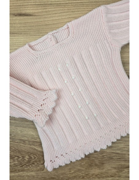 JERSEY BODOQUES BORDADOS A MANO DE ARTESANÍA CARMINA, ROSA/BLANCO. INVIERNO 26.