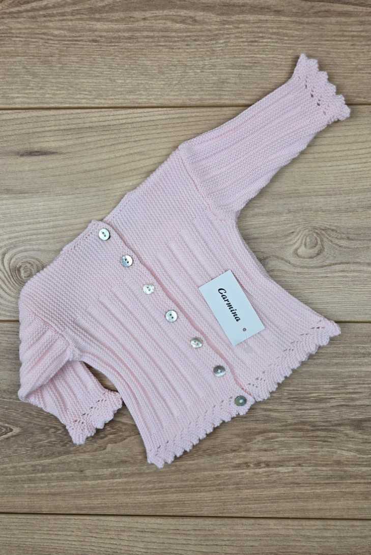 JERSEY BODOQUES BORDADOS A MANO DE ARTESANÍA CARMINA, ROSA/BLANCO. INVIERNO 26.