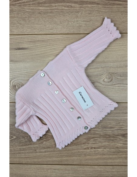 JERSEY BODOQUES BORDADOS A MANO DE ARTESANÍA CARMINA, ROSA/BLANCO. INVIERNO 26.